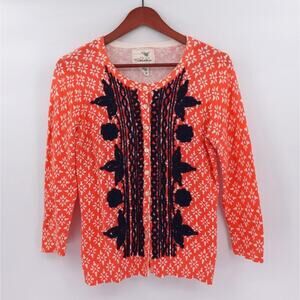 Tabitha Anthropologie Cardigan Medium Orange Floral Fine Knit Embroidery Brunch